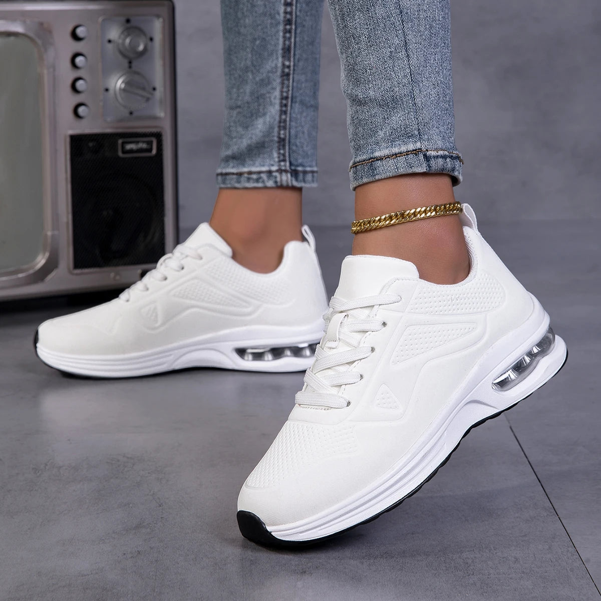 Women Air Cushion Walking Sneakers Breathable Upper Lace Up Lightweight