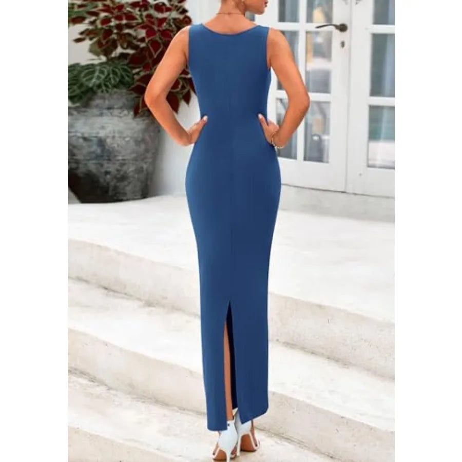 Women's 2026 Summer Semi Formal Midi Dresses Sleeveless Ruched Bodycon Long Elegant Cocktail Wedding Guest Dress