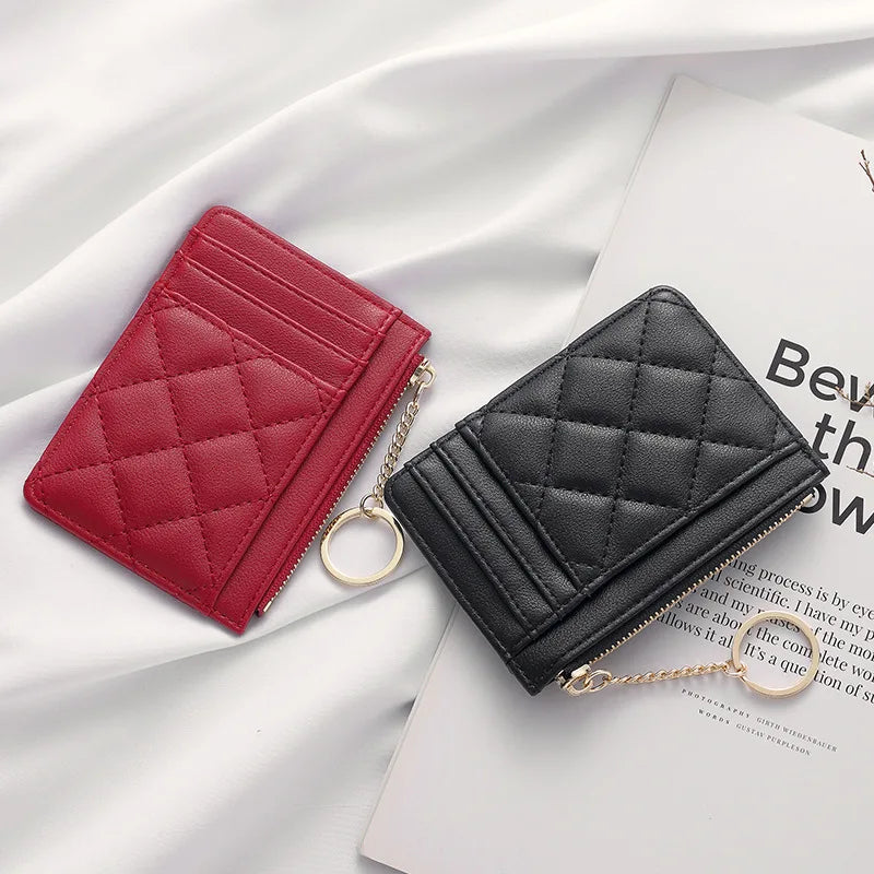 Quilted Minimalist Ring Mini Wallet With Card Slots And ID Holder Faux Leather