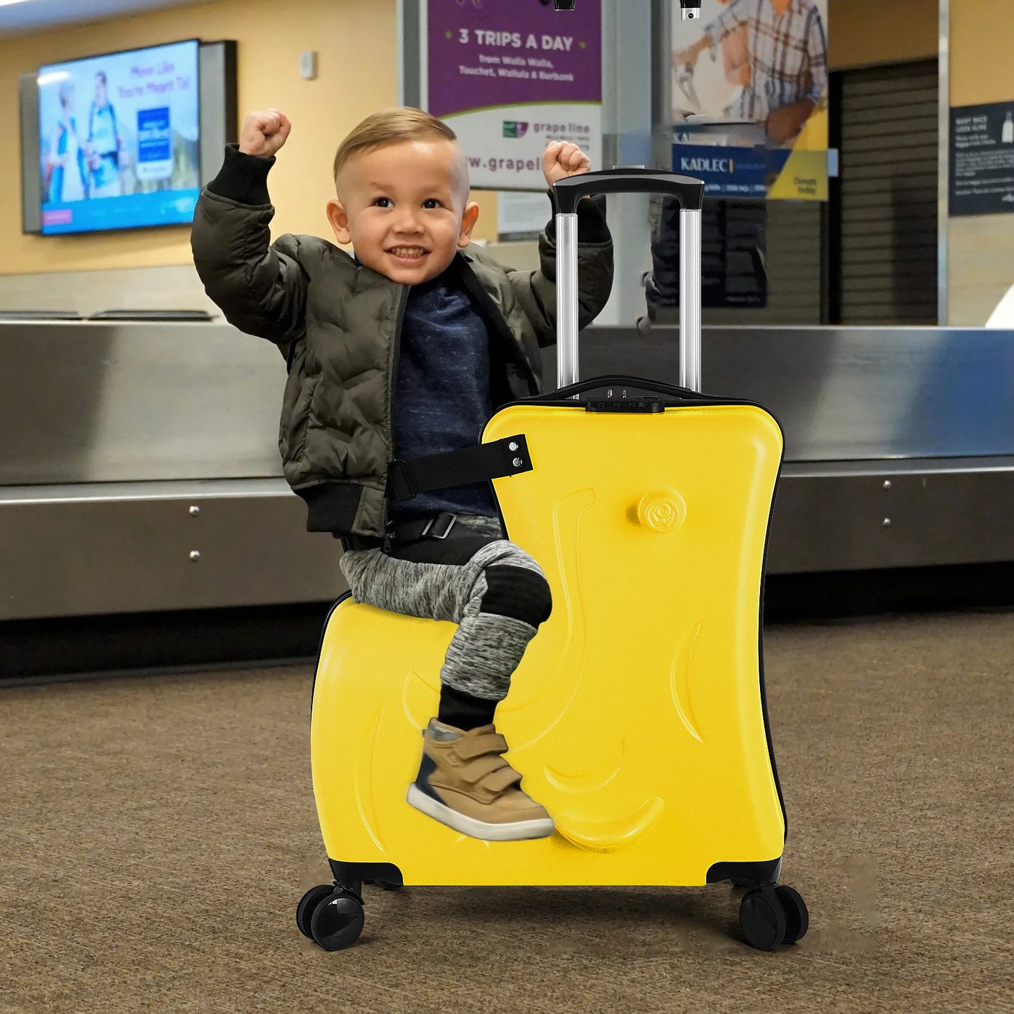 22-24 Inch Blue、Pink、Yellow Kids Ride-On Suitcase with Cartoon Stickers | Fun Travel Luggage with Wheels | Children's Trunk for 3-6 Years Old