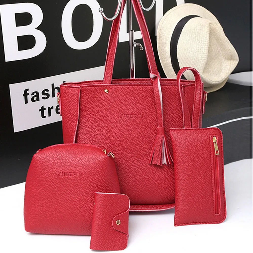 Lychee Pattern Womens Handbags Large Capacity Tassel Set
