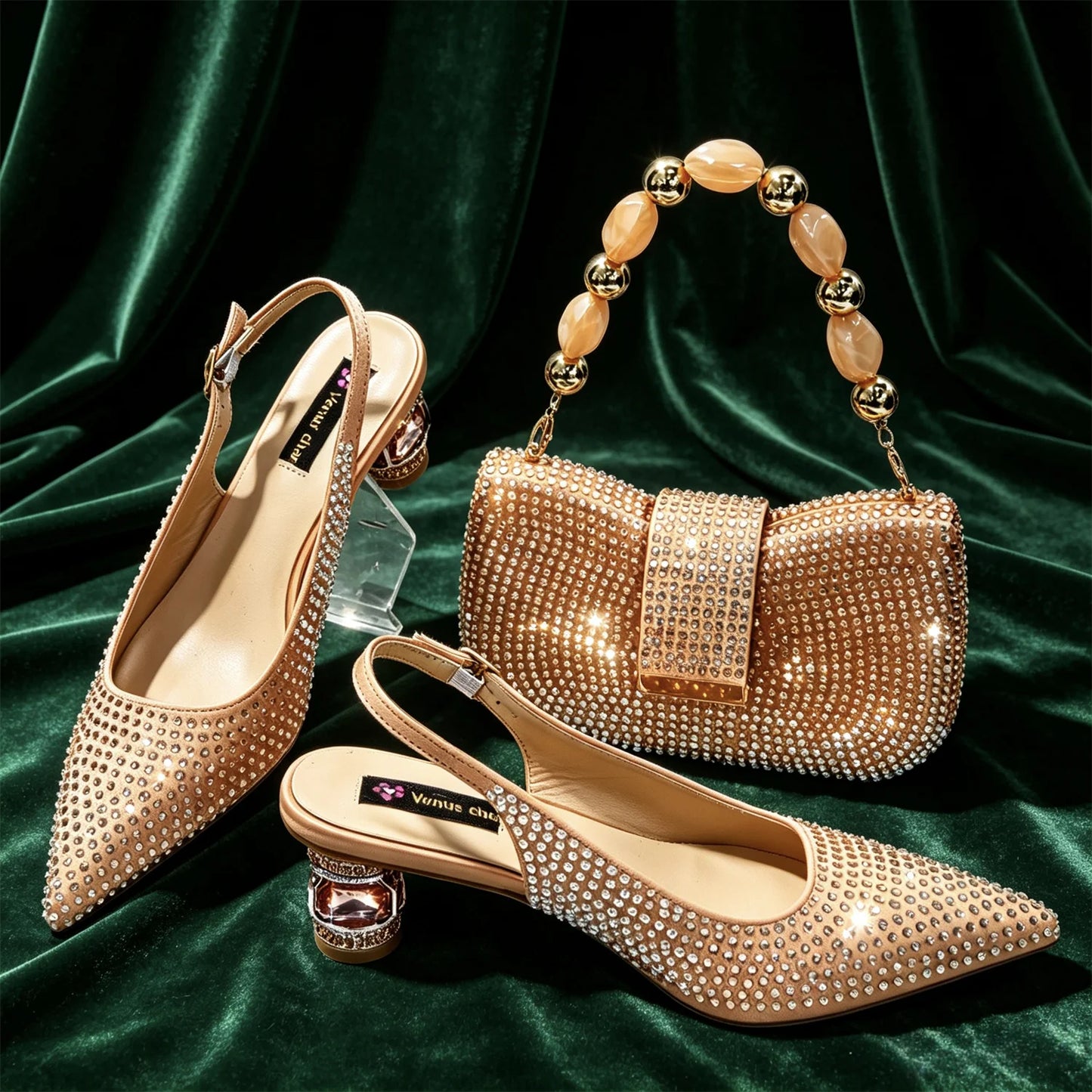 Rhinestone Slingback Pumps And Matching Handbag Set For Weddings