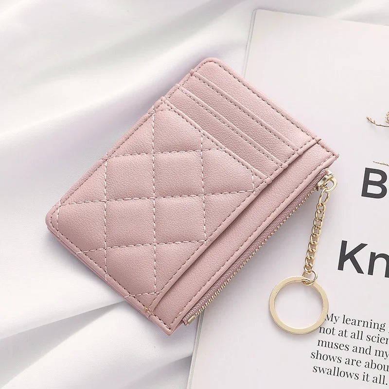 Quilted Minimalist Ring Mini Wallet With Card Slots And ID Holder Faux Leather
