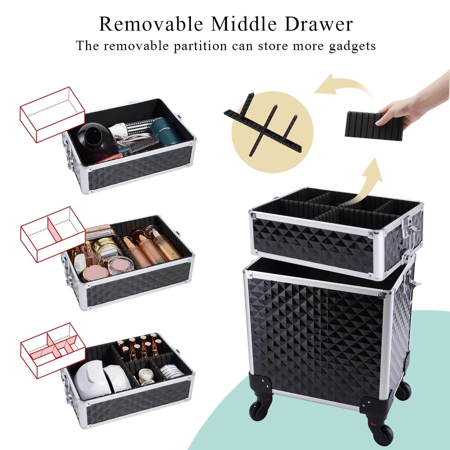 Maxulene Rolling Makeup Case On Wheels 3 In 1 Removable