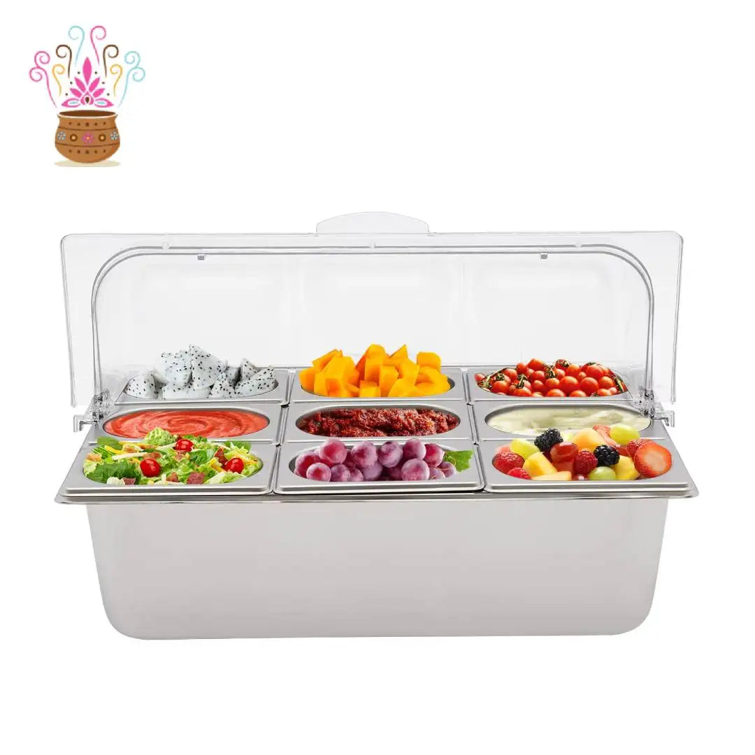 9 Compartment Stainless Steel Serving Tray, Flip Top PC Cover With Snap Lock 201 Stainless Fruit Container Matched 9 Spoons 9 Clamps 3 Ice Water Bags Desktop Buffet Fresh Food Storage Tray