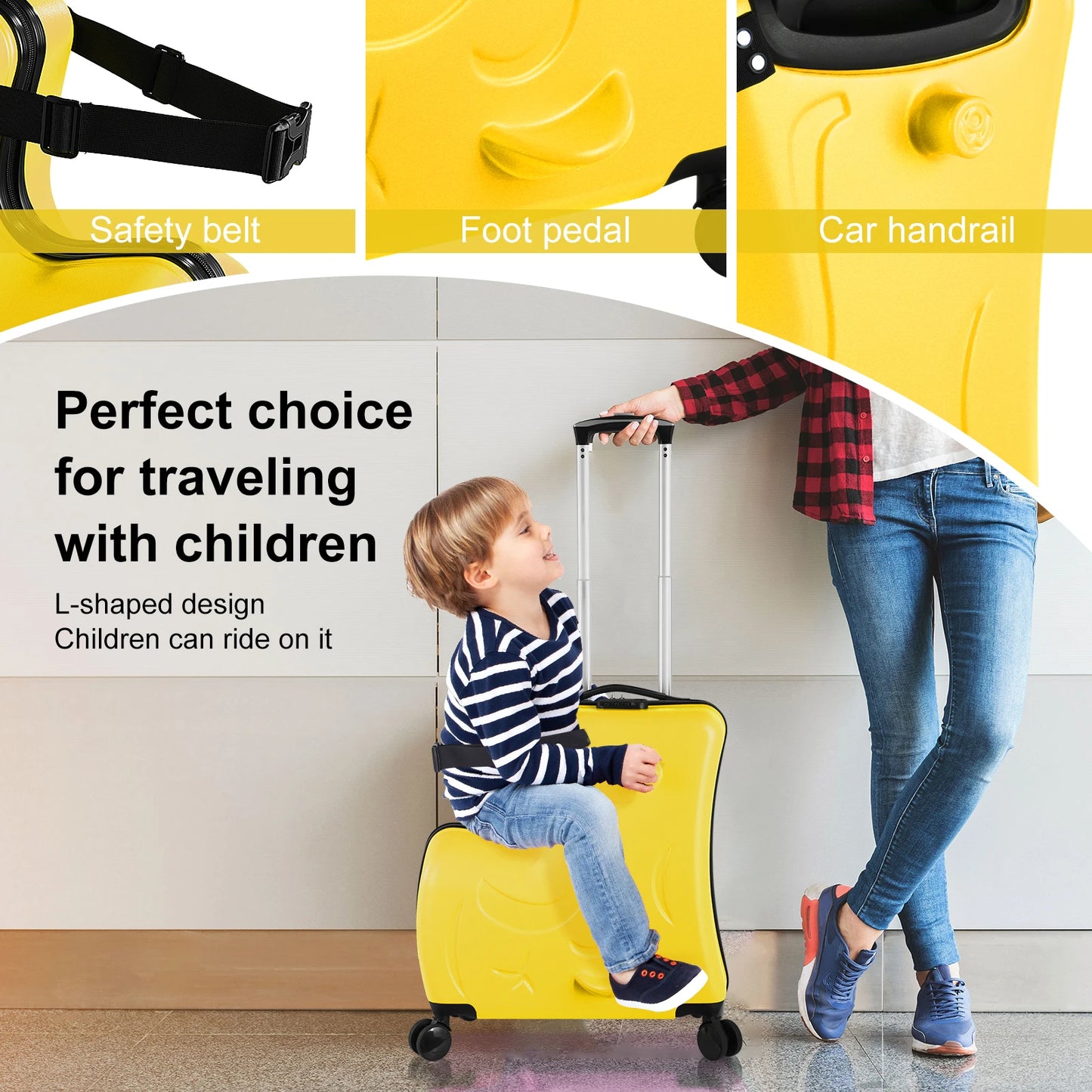 22-24 Inch Blue、Pink、Yellow Kids Ride-On Suitcase with Cartoon Stickers | Fun Travel Luggage with Wheels | Children's Trunk for 3-6 Years Old
