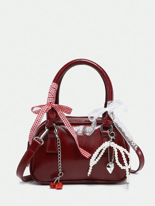 Womens Ballet Style Cherry Pearl Bow Mini Handbag Purse Kawaii