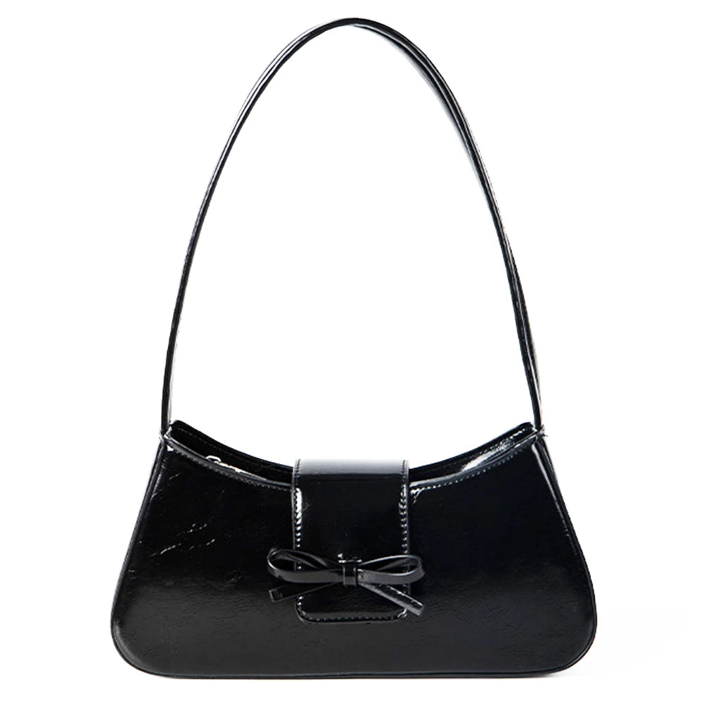 Sweet Bow Shoulder Bag PU Leather Fashion Handbag with Zipper Closure Everyday Purse Trendy Underarm Bag for Women and Girls