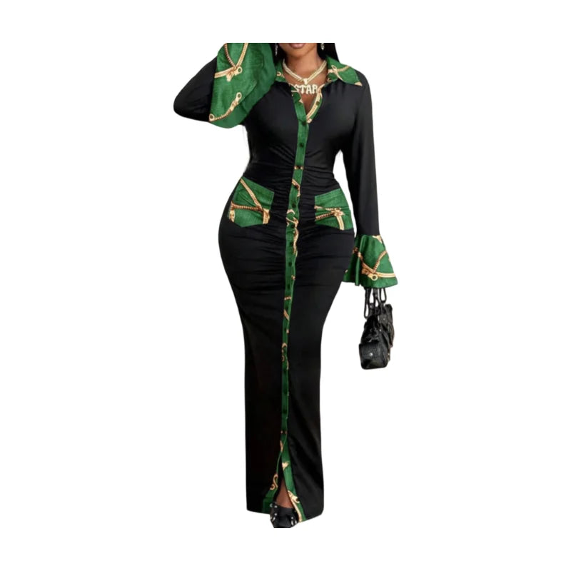 Women's Plus Size Collar Long Flare Sleeve Color Block Print Ruched Split Maxi Dress For Night Club Dinner Evening Party Fashion Occasions