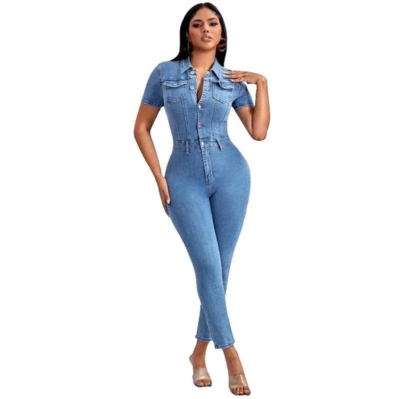 Fashion Commuter Tight Denim Jumpsuit Women Slim Fit Pencil Jeans Rompers Female Lapel Single-breasted Half-open One-piece Pants