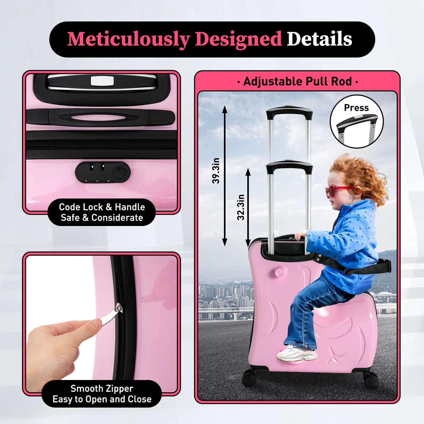 Trolley-Luggage, Portable Children’s Travel Trolley Case, Ride-On Suitcase, 20 Inch Double Wheel Pink Kids Carry On, Large Capacity Storage, Seat Belt with Handrail and Footrest, Secure Travel Bag, Multi-functional Kids Sui