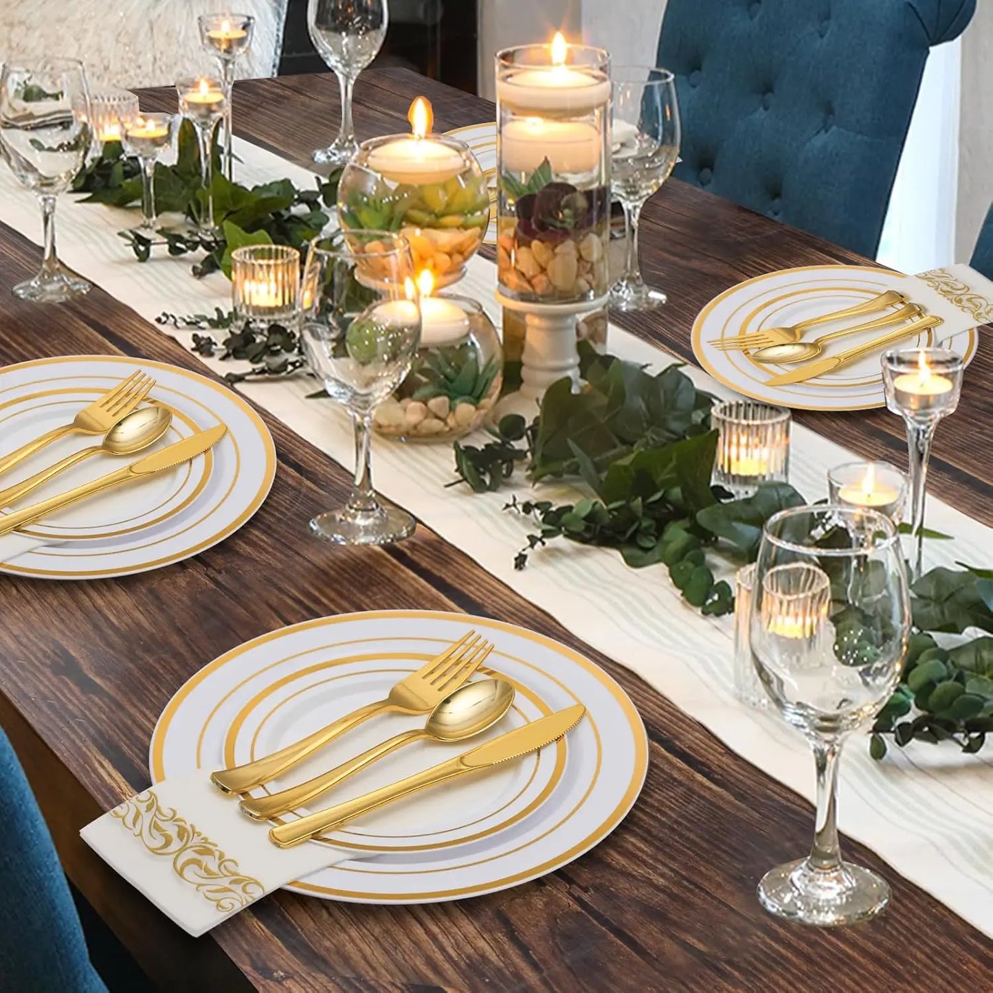 700 Piece Gold Dinnerware Set for 100 Guests, Disposable for Party, Include: 100 Gold Rim Dinner Plates, 100 Dessert Pl