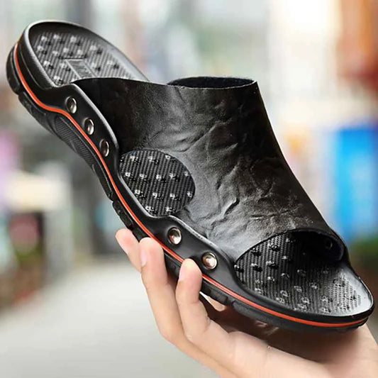 Big Running Mens Summer Slippers Leather Breathable Beach Sandals