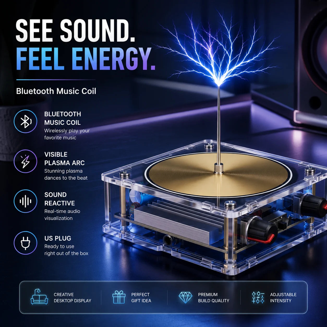 Music Coil Bluetooth And AUX Music Box With Interactive Lightning Show Sound Reactive Plasma Arc Desktop Display
