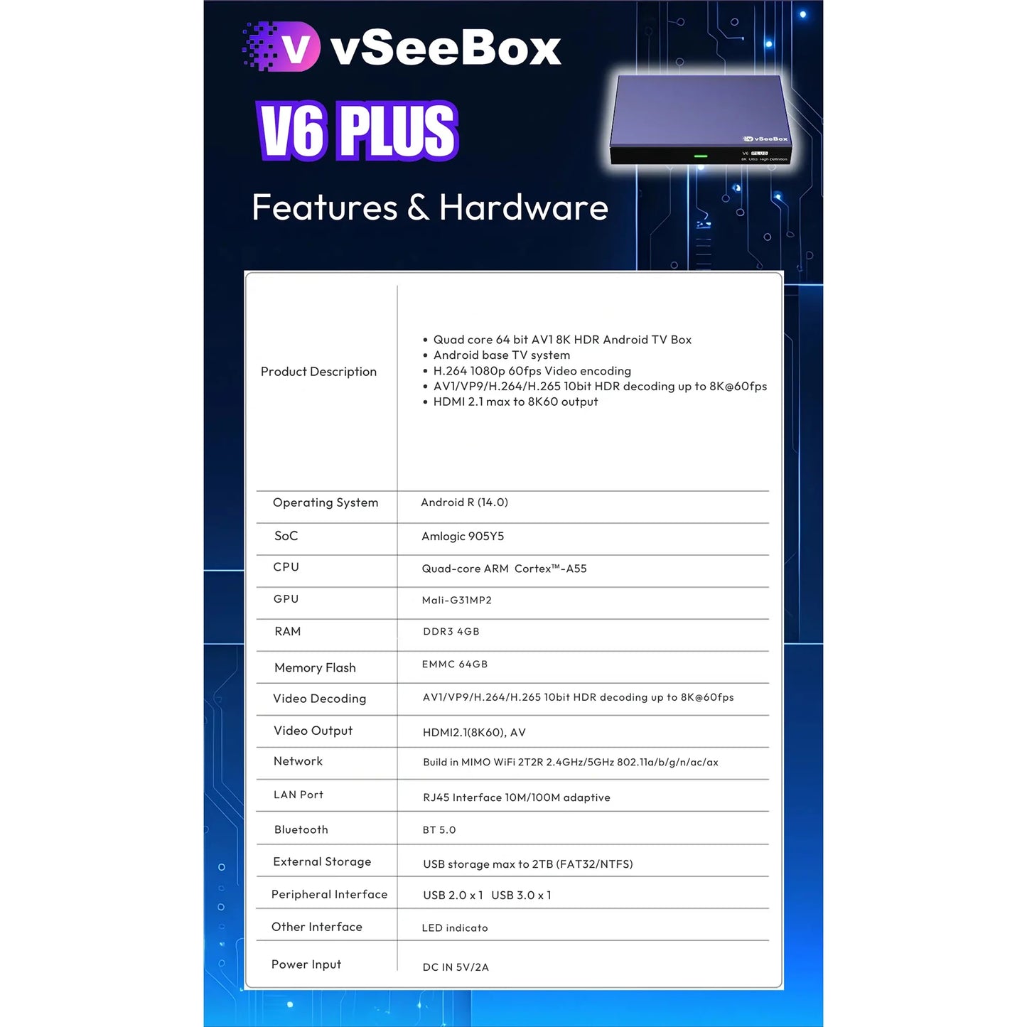 VSeeBox V6 Plus Android TV Box With Voice Control Streaming