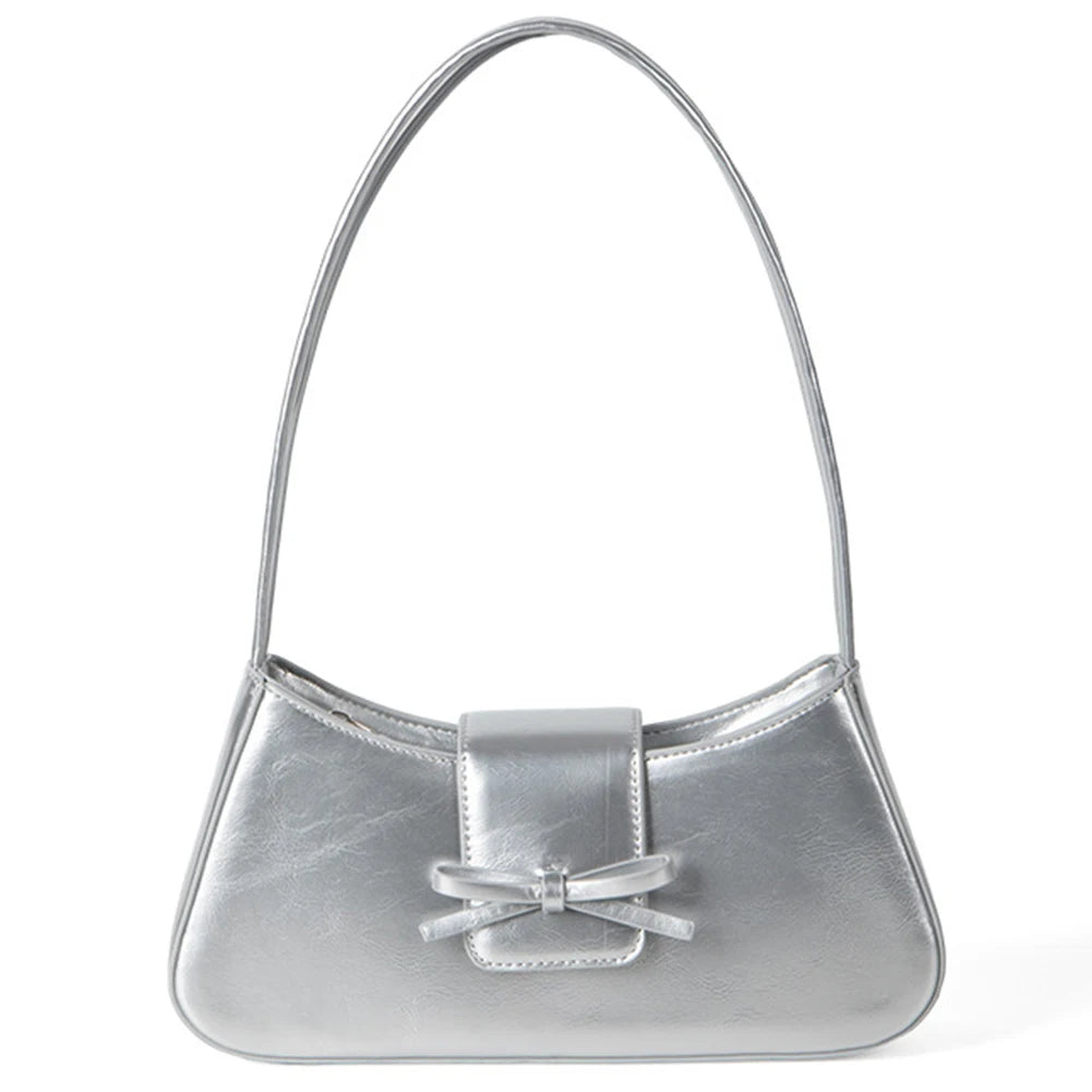 Sweet Bow Shoulder Bag PU Leather Fashion Handbag with Zipper Closure Everyday Purse Trendy Underarm Bag for Women and Girls