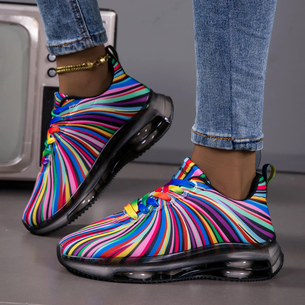 Women Swirl Stripe Air Cushion Sneakers Lace Up Shoes Lightweight