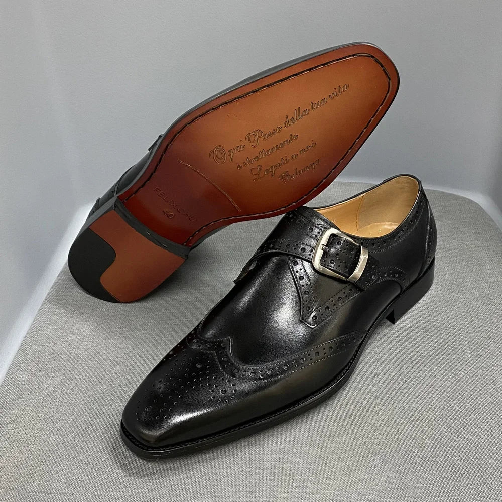 Felix Chu Mens Monk Strap Wingtip Buckle Dress Shoes