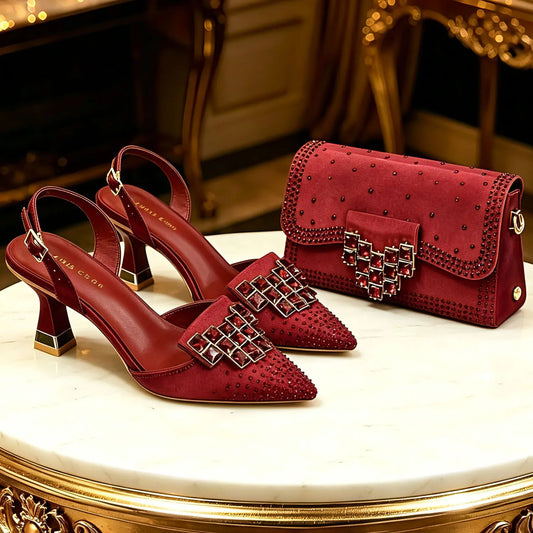 Venus Chan Rhinestone Pointed Toe Heels And Matching Bag