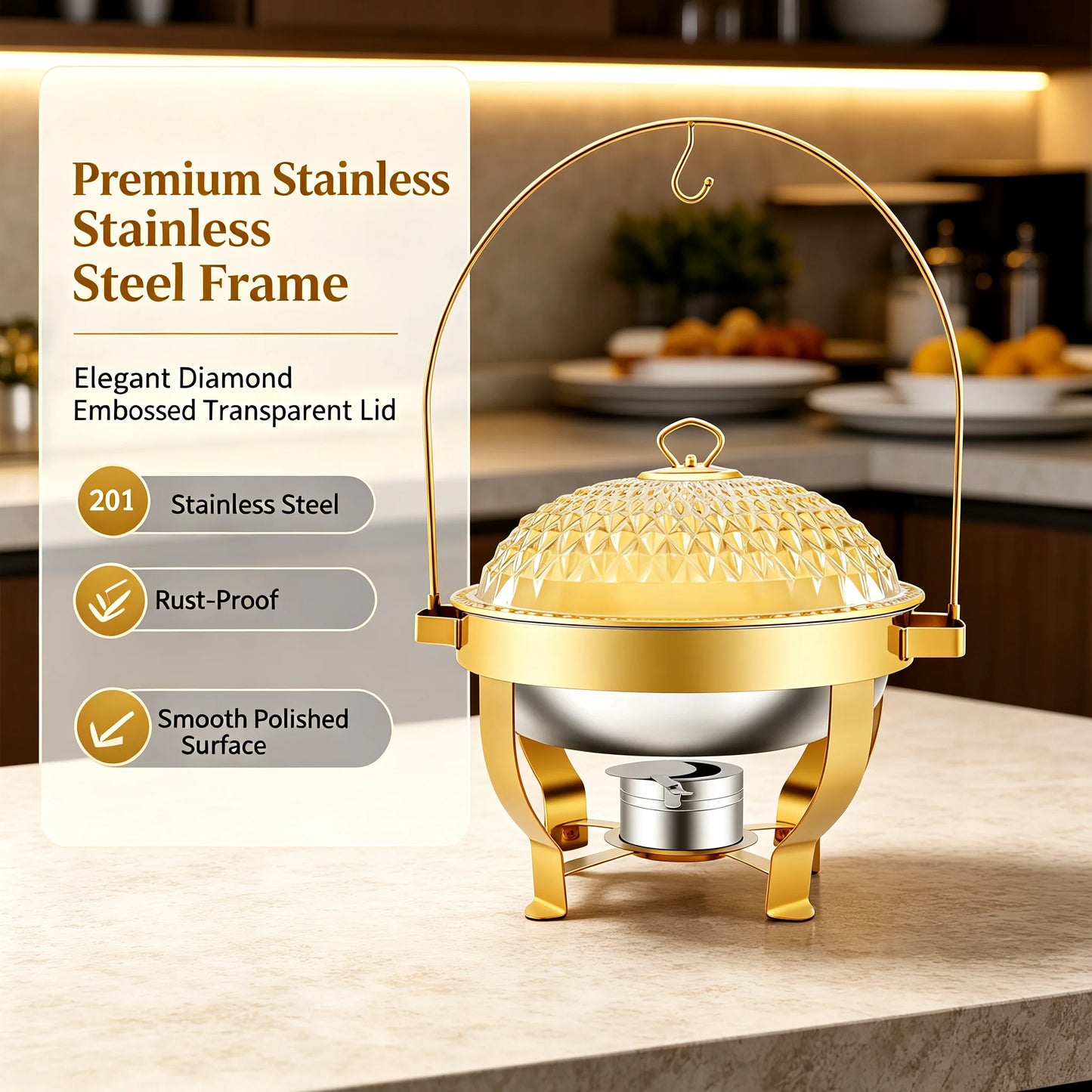 Diamond Hanging Lid Chafing Dish Set 6.3QT, Stainless Steel Buffet Food Warmer with Alcohol Burner & Lid Holder, Elegant Party Serving Stand, Gold