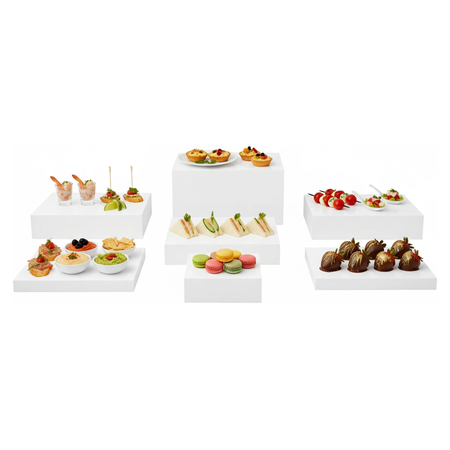 White Large Buffet Risers Set, 7  Pieces Acrylic Display Stand, Catering Dessert Table Riser