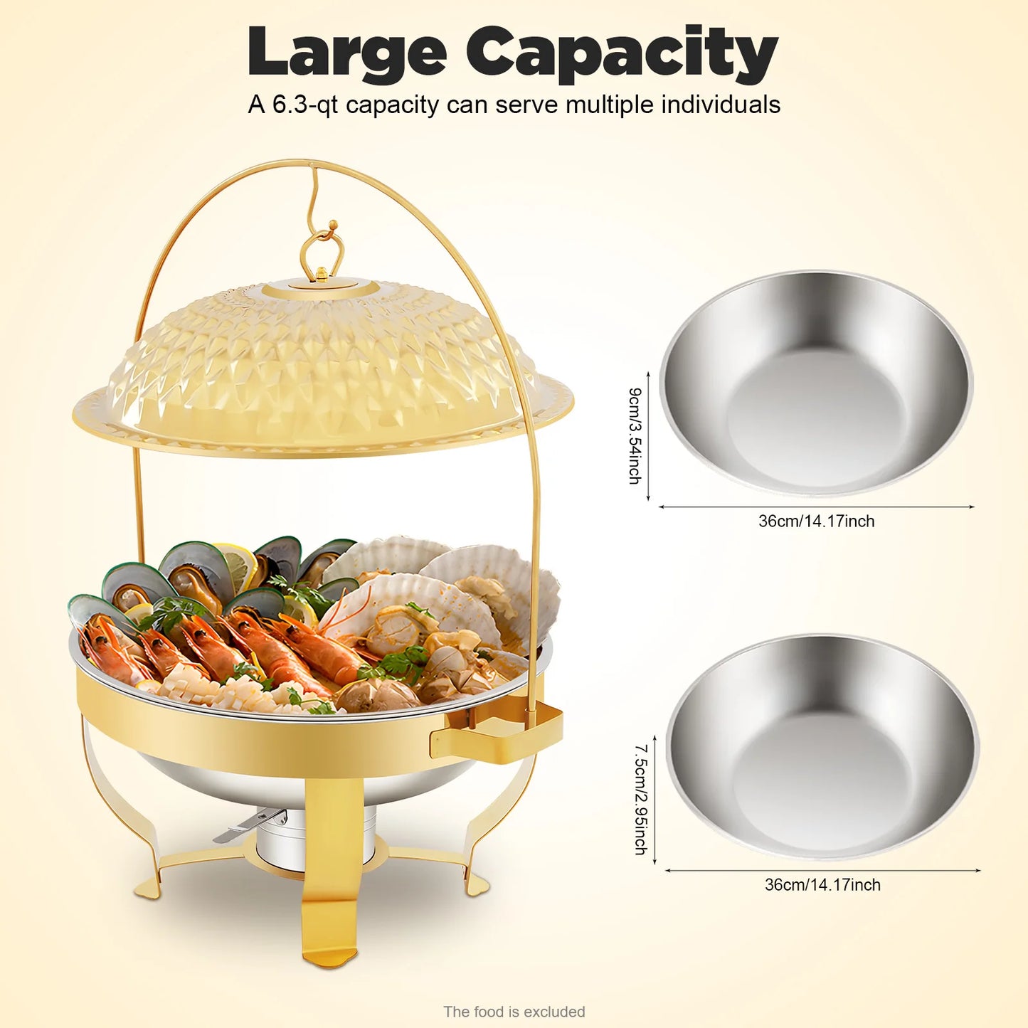 Diamond Hanging Lid Chafing Dish Set 6.3QT, Stainless Steel Buffet Food Warmer with Alcohol Burner & Lid Holder, Elegant Party Serving Stand, Gold