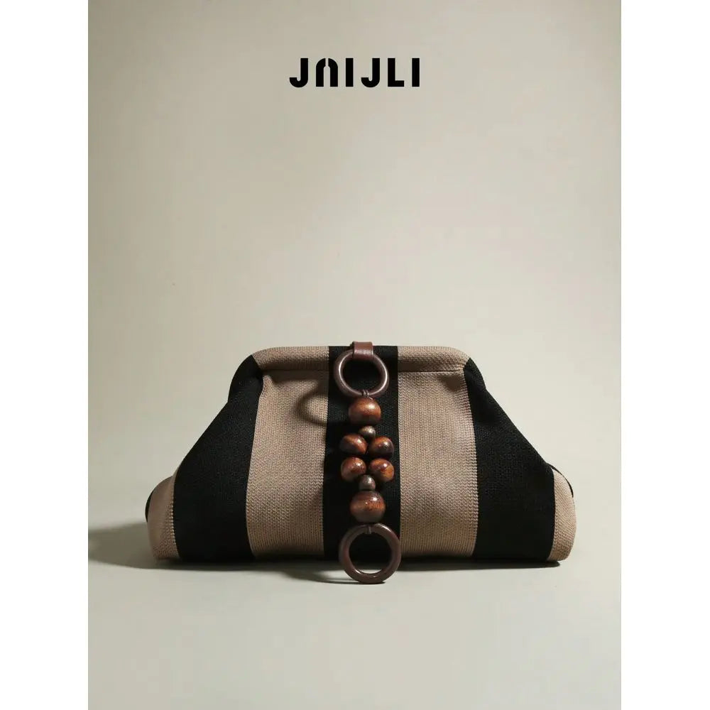Striped Clutch Purse With Wooden Bead Ring Detail Crossbody