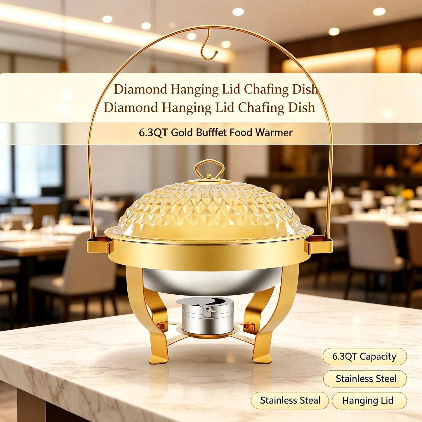 Diamond Hanging Lid Chafing Dish Set 6.3QT, Stainless Steel Buffet Food Warmer with Alcohol Burner & Lid Holder, Elegant Party Serving Stand, Gold
