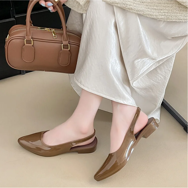 Patent Leather Pointed Toe Slingback Flats With Low Block Heel