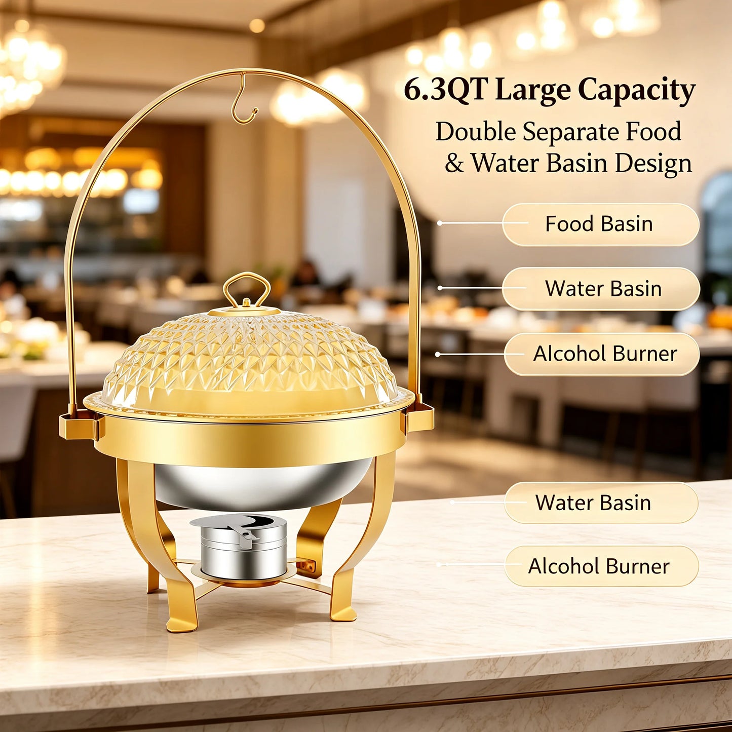 Diamond Hanging Lid Chafing Dish Set 6.3QT, Stainless Steel Buffet Food Warmer with Alcohol Burner & Lid Holder, Elegant Party Serving Stand, Gold