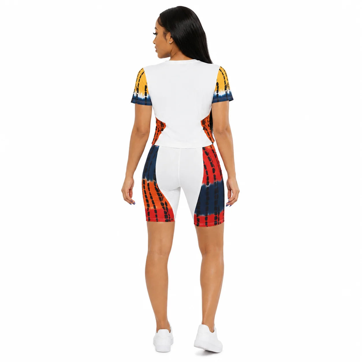 Plus Size Women’s Two-Piece Set – Short Sleeve Top with Tie-Dye Biker Shorts for Active Casual Outings