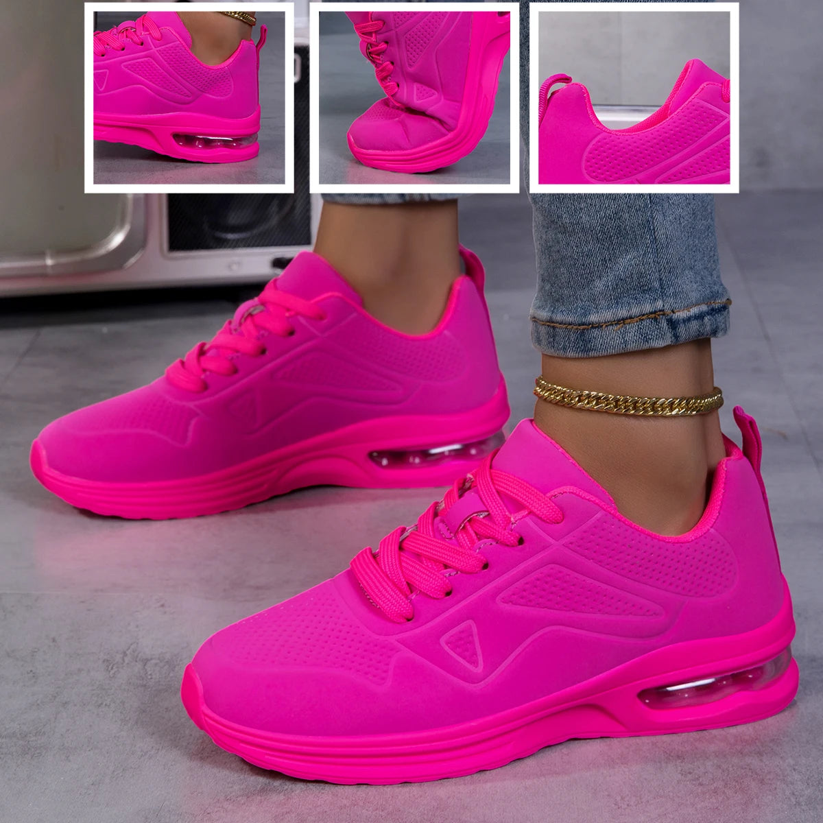 Women Air Cushion Walking Sneakers Breathable Upper Lace Up Lightweight
