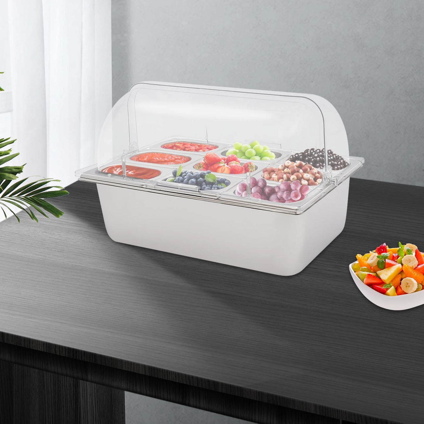 9 Compartment Stainless Steel Serving Tray, Flip Top PC Cover With Snap Lock 201 Stainless Fruit Container Matched 9 Spoons 9 Clamps 3 Ice Water Bags Desktop Buffet Fresh Food Storage Tray