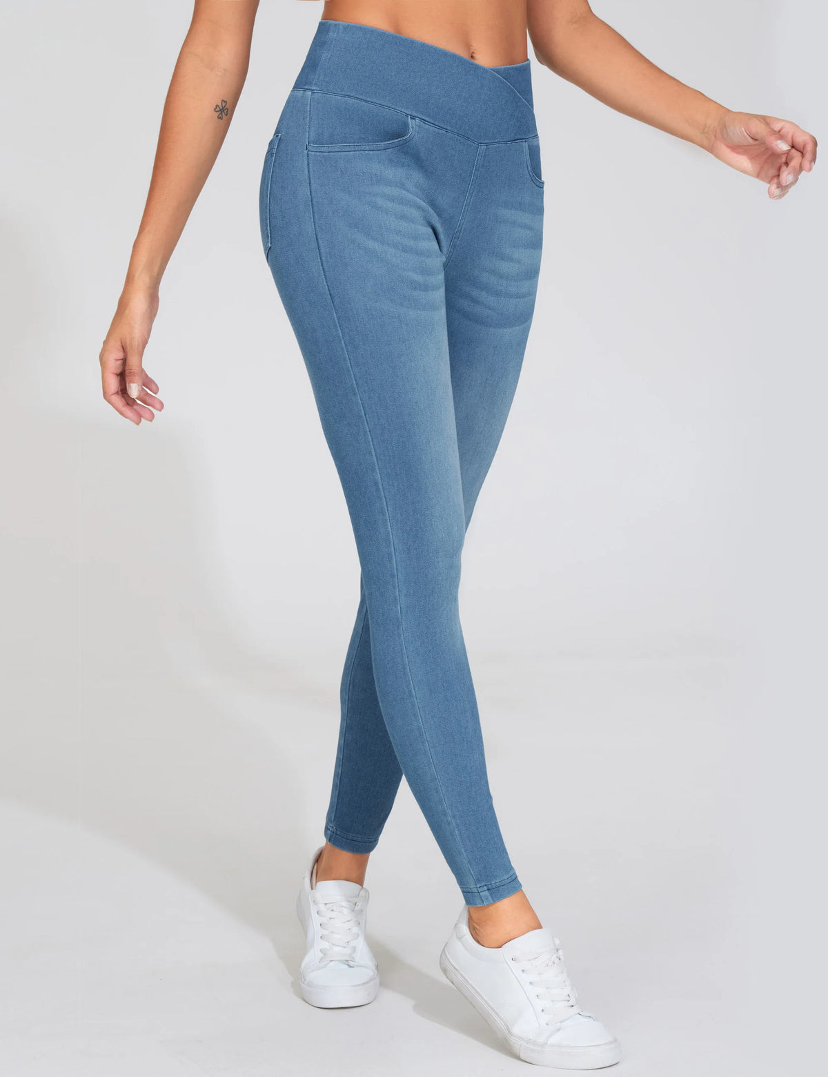 THE GYM PEOPLE Women's  High Waisted Skinny Denim Jegging Pants with Pockets V Cross Stretchy  Jean Leggings