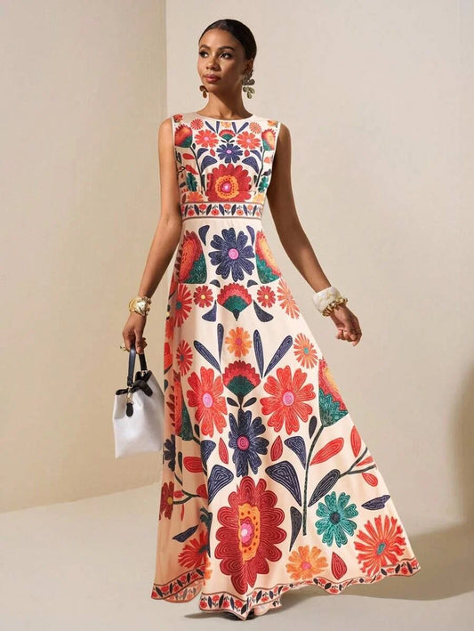 Women Floral Embroidered Flowy Polyester Maxi Dress
