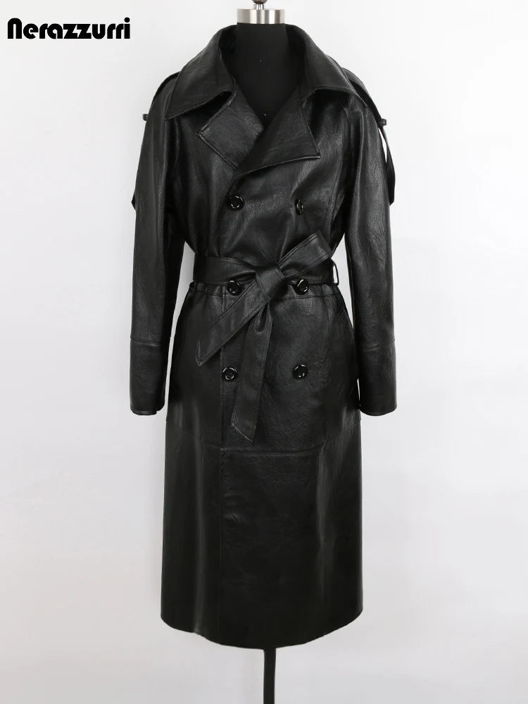 Nerazzurri Spring Autumn Long Waterproof Black Pu Leather Trench Coat Men Sashes Double Breasted Elegant Luxury Fashion Clothes