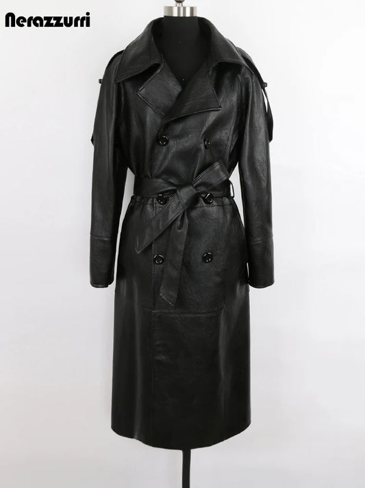 Nerazzurri Spring Autumn Long Waterproof Black Pu Leather Trench Coat Men Sashes Double Breasted Elegant Luxury Fashion Clothes