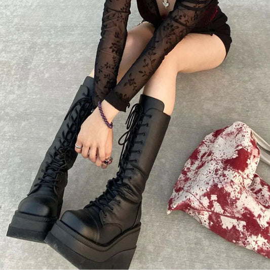 DoraTasia Gothic Lace Up Boots Side Zipper Street Fashion