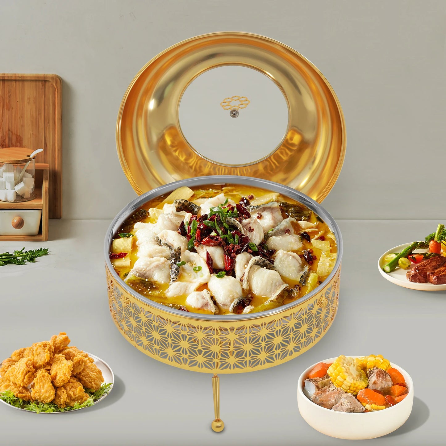 Gold Chafing Dishes for Buffet 8 L/8.38 Quart, Stainless Steel Round Chafer Buffet Servers and Warmers Set Large Food Warmer Chafer, for Weddings, Parties, Banquets, and Restaurants (8L/8.38QT)