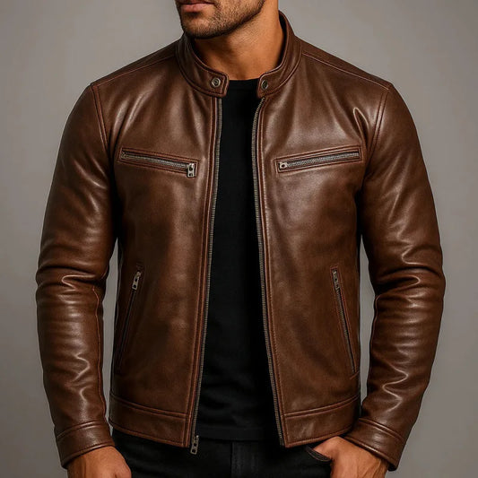 Mens Stand Collar Slim Fit PU Leather Motorcycle Jacket Punk Style Pilot Casual European Fashion Outerwear
