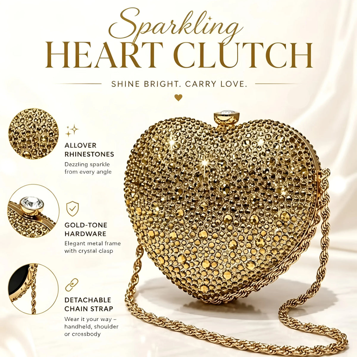 Women Golden Rhinestone Heart Evening Clutch Bag Detachable Chain Shoulder Crossbody Bag Luxury Wedding Bridal Purse Prom Party Cocktail Handbag