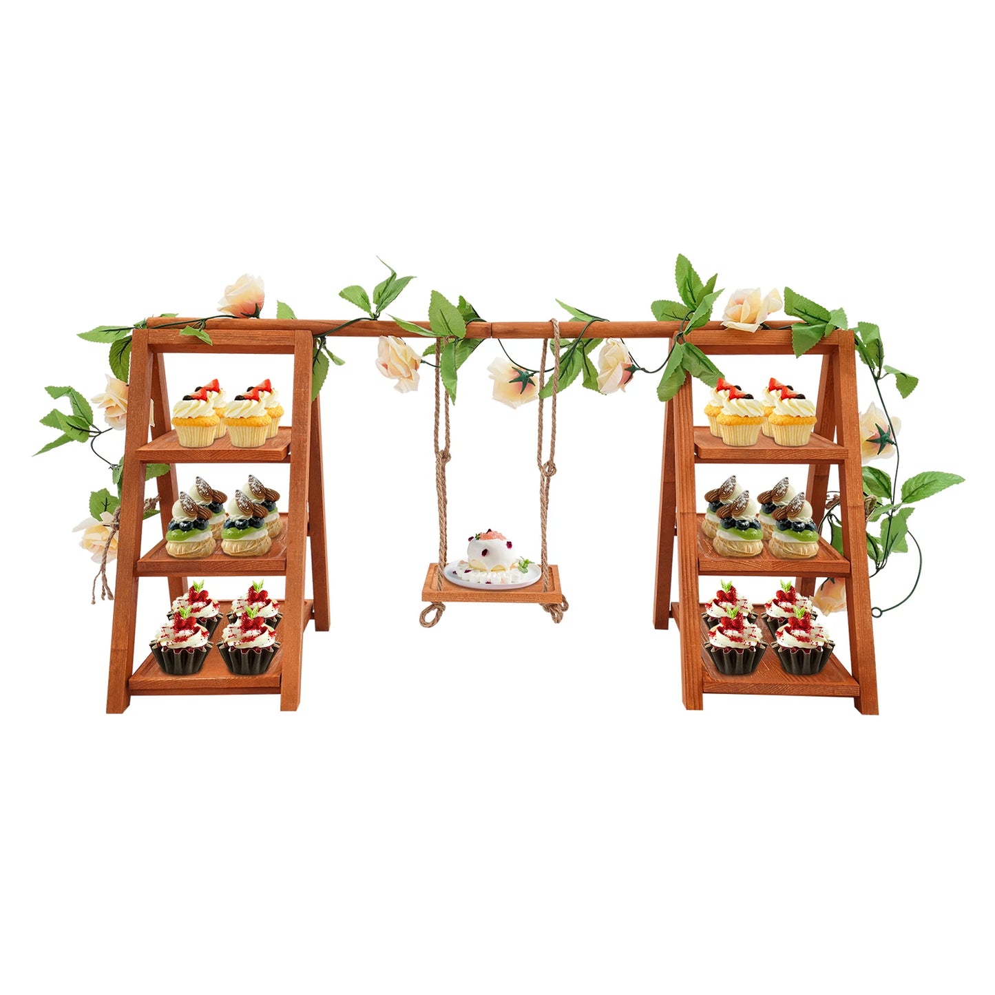 3-Tier Wooden Cupcake & Dessert Display Stand with Swing and Flower Decoration Removable Tray  Party Food Display Set for Cake Snack Fruit Chips Bread Centerpieces Catering