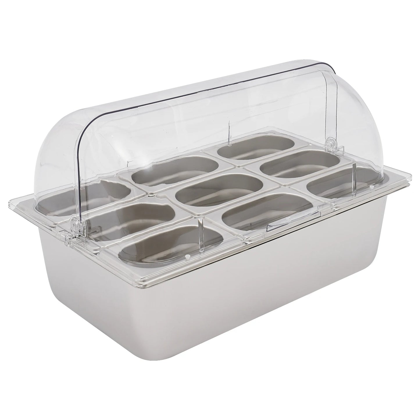 9 Compartment Stainless Steel Serving Tray, Flip Top PC Cover With Snap Lock 201 Stainless Fruit Container Matched 9 Spoons 9 Clamps 3 Ice Water Bags Desktop Buffet Fresh Food Storage Tray