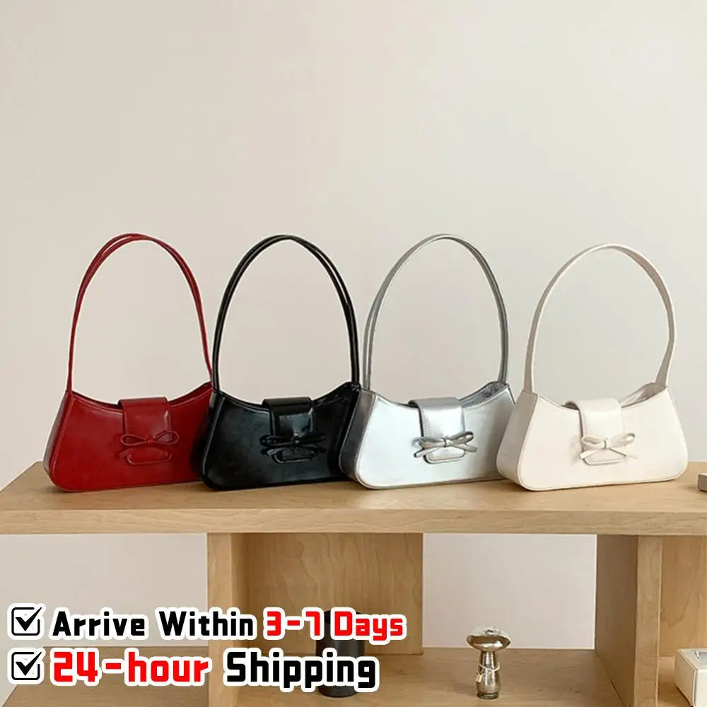 Sweet Bow Shoulder Bag PU Leather Fashion Handbag with Zipper Closure Everyday Purse Trendy Underarm Bag for Women and Girls