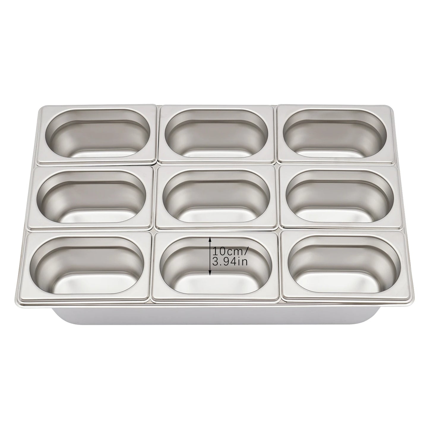 9 Compartment Stainless Steel Serving Tray, Flip Top PC Cover With Snap Lock 201 Stainless Fruit Container Matched 9 Spoons 9 Clamps 3 Ice Water Bags Desktop Buffet Fresh Food Storage Tray