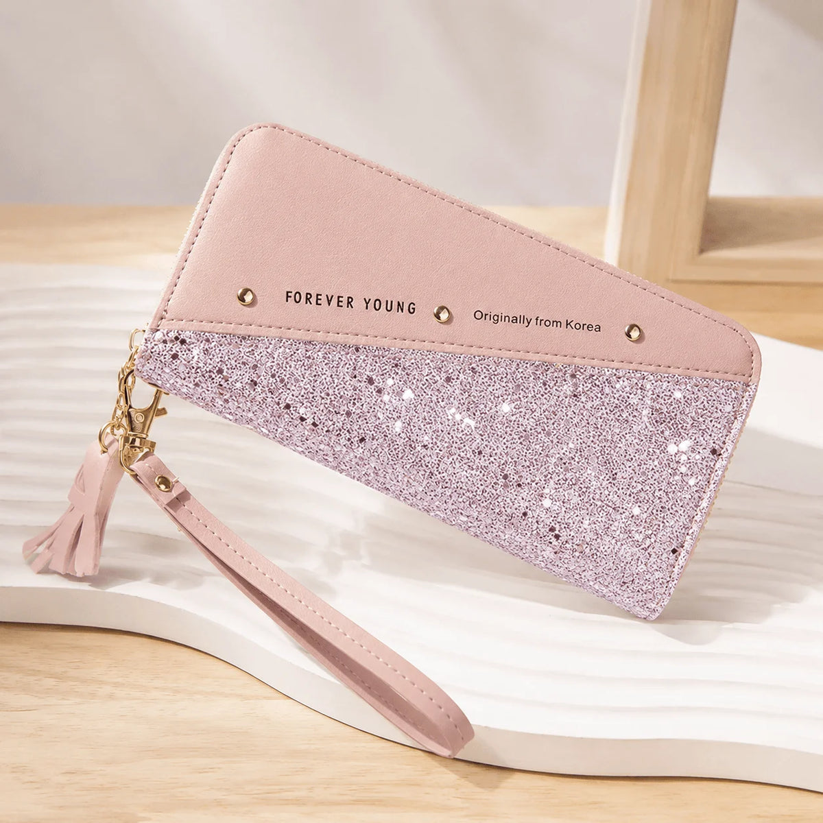 Women Wallet Korean Style Purse Patchwork Clutch Tassel Rivet Details Long Zipper Wallet Card Holder Wristlet Handbag Fashion Ladies Leather Large Capacity Multi Function Phone Pocket For Shopping Daily Use Teen Girls Elegant