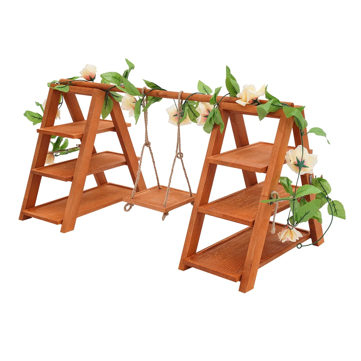 3-Tier Wooden Cupcake & Dessert Display Stand with Swing and Flower Decoration Removable Tray  Party Food Display Set for Cake Snack Fruit Chips Bread Centerpieces Catering