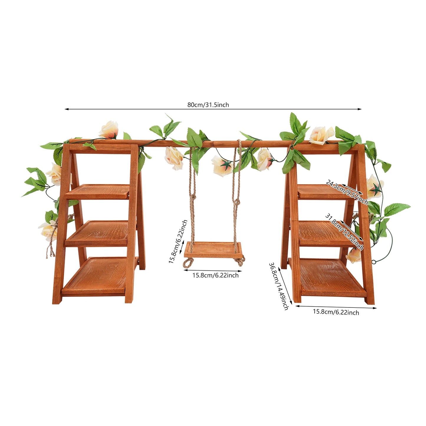 3-Tier Wooden Cupcake & Dessert Display Stand with Swing and Flower Decoration Removable Tray  Party Food Display Set for Cake Snack Fruit Chips Bread Centerpieces Catering