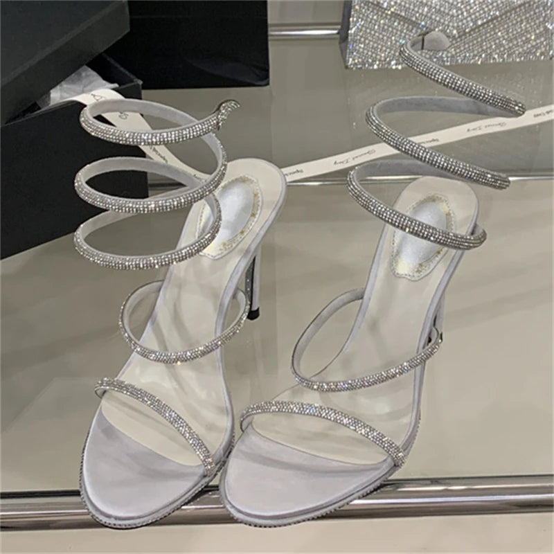 Crystal Diamonds Ankle Strap Sandals Women Open Toe High Heels