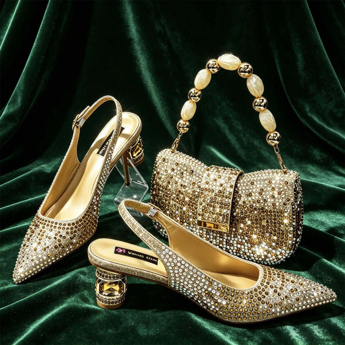 Rhinestone Slingback Pumps And Matching Handbag Set For Weddings